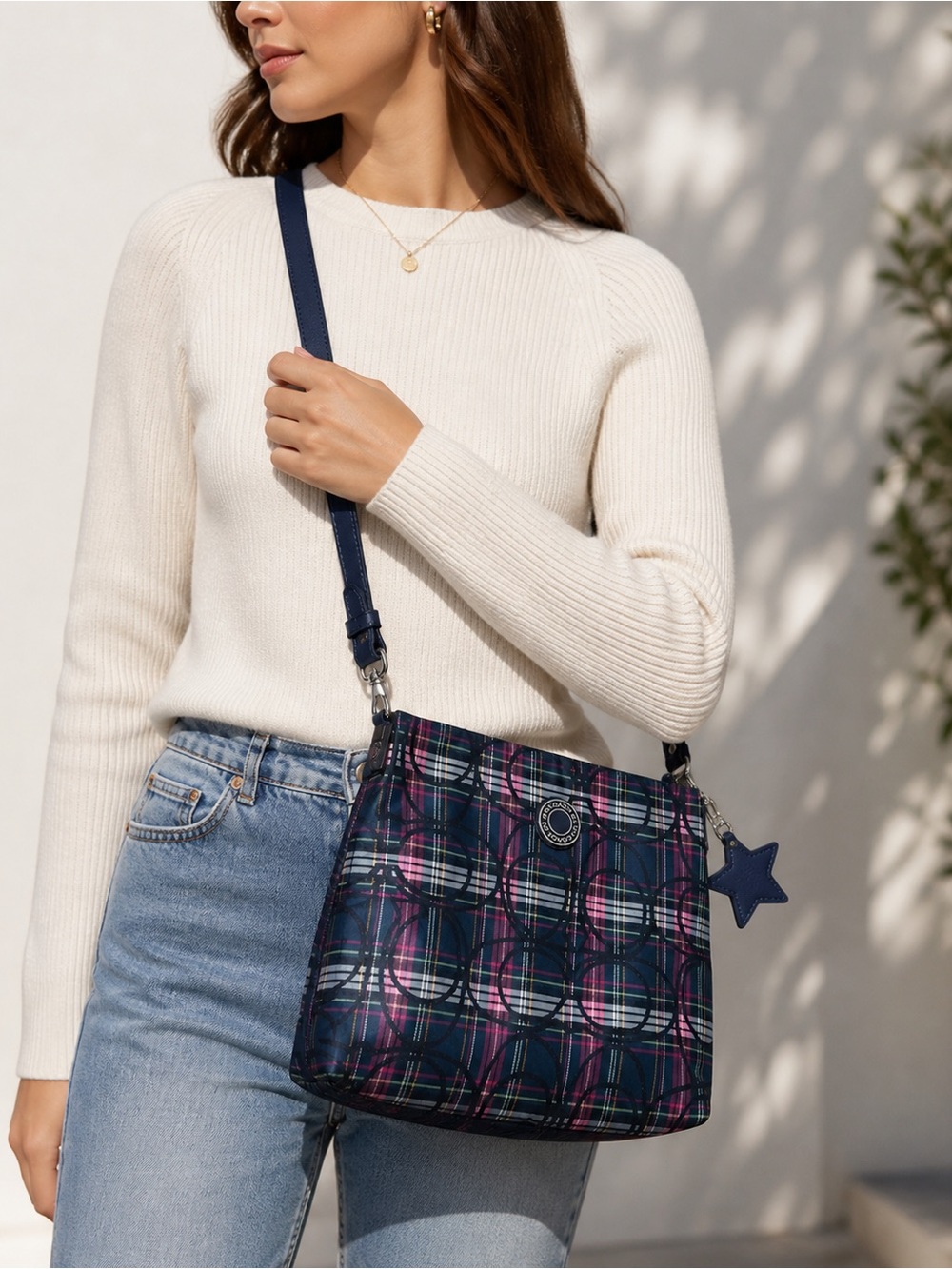 Coach Plaid Navy Crossbody Bag with Star Charm